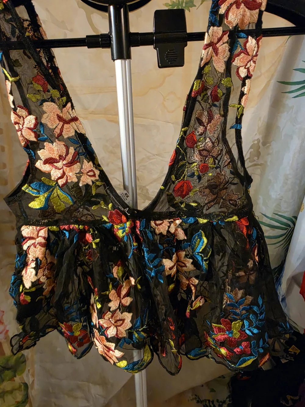 Ecote Black Floral Baby Doll Embroidered Top XS Boho  Layering Piece